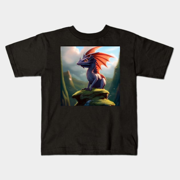 Baby Purple Dragon with Red Wings on a Rock Kids T-Shirt by dragynrain